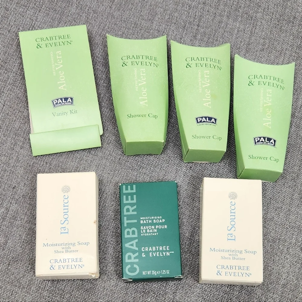 Crabtree and Evelyn La Source & Other Travel Soap and Shower Cap Lot.